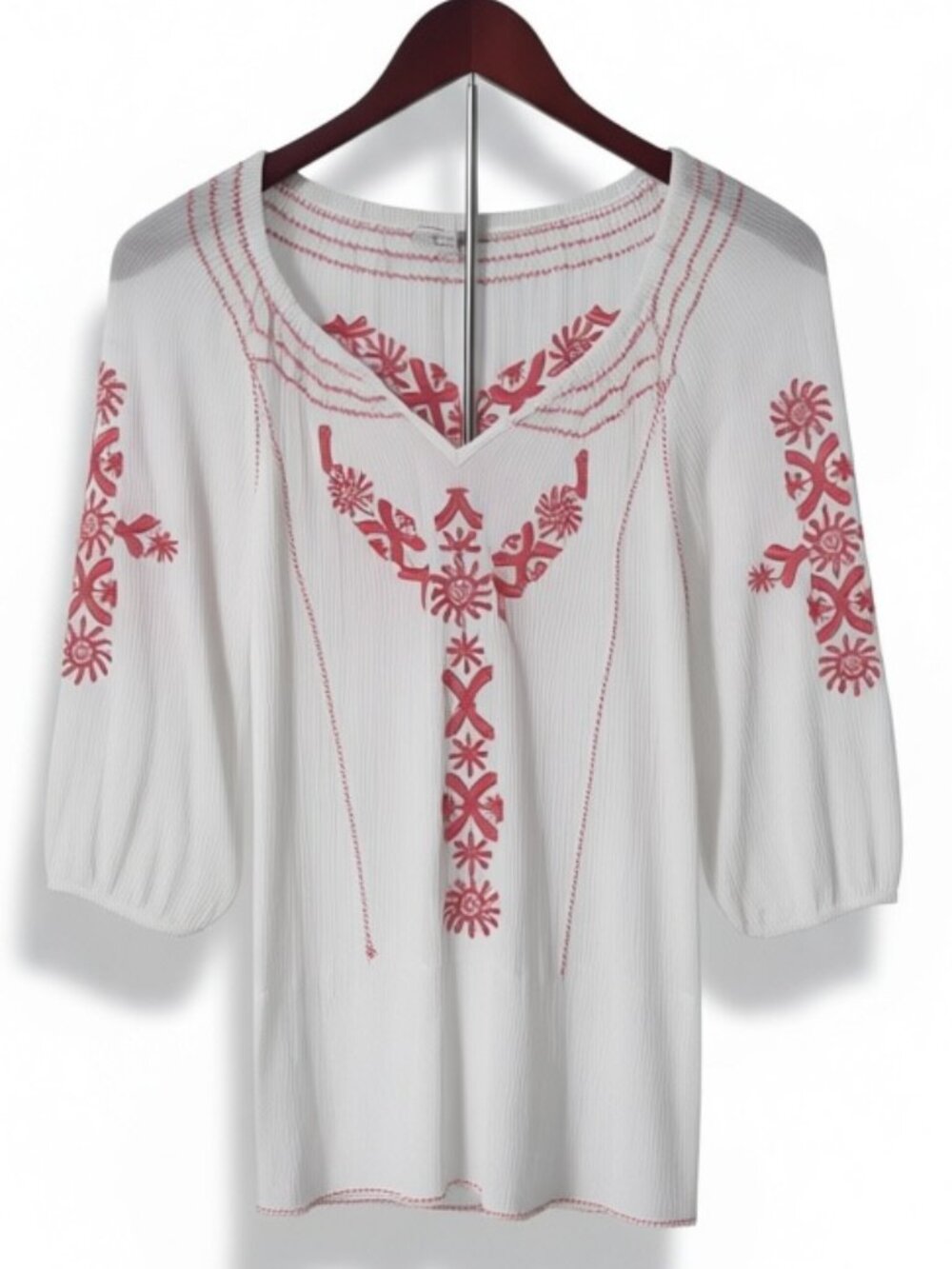 Rose & Rhyme Embroidered Peasant Blouse – White/Red Boho – Small